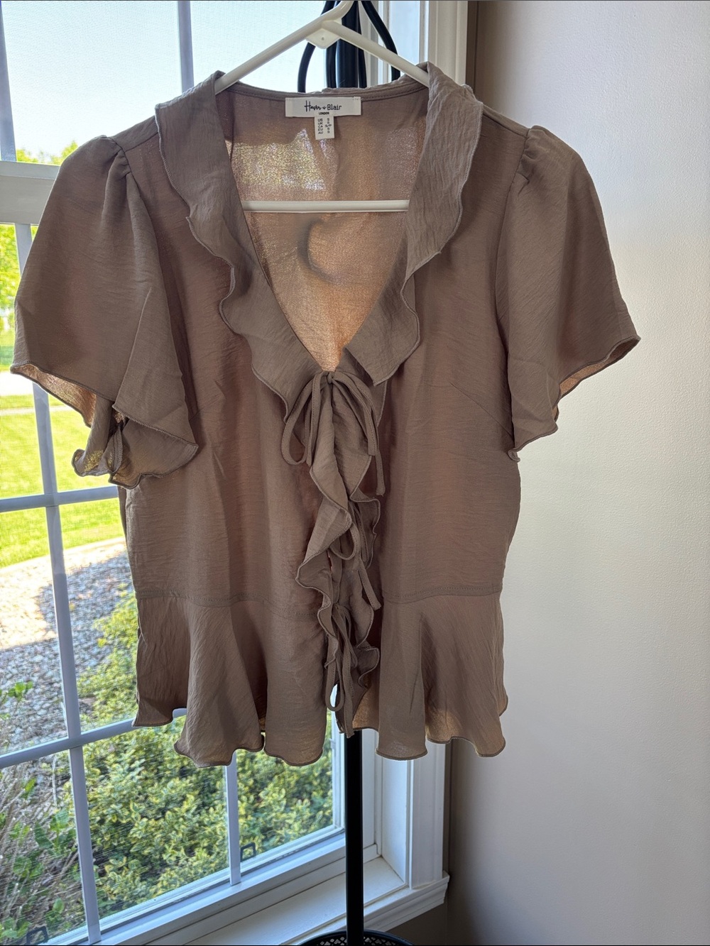 NWOT Taupe Ruffle Tie-Front Blouse